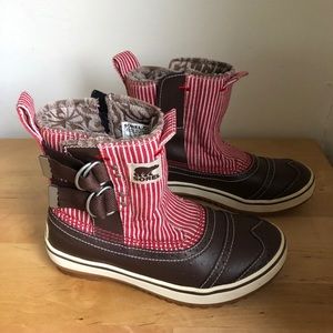 Snow Boots Sorel Tivoli Slip Pac Rain Red Stripes on Brown Kids’ Size 3